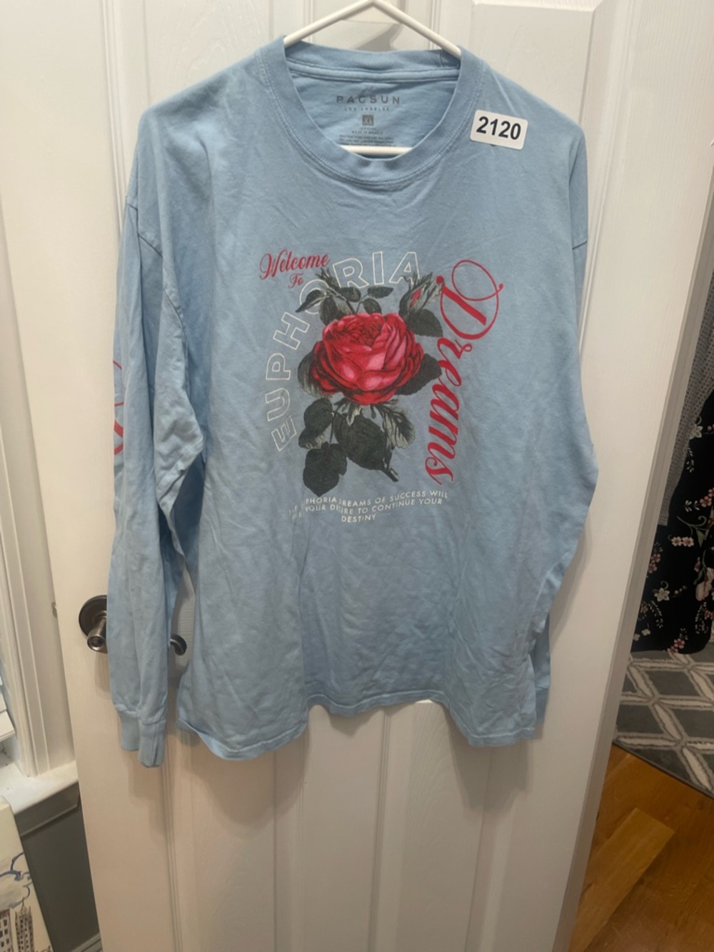 PacSun Light Blue Long Sleeve Tee with Red Rose Graphic - Picture 3 of 8